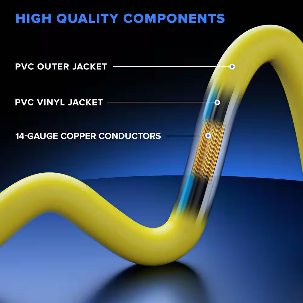 15 Ft. 14 / 3 Medium / Heavy Duty Indoor T-Shaped Extension Cord 3-Outlet with Light 15 Amps Yellow