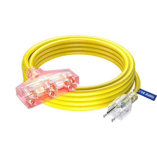 15 Ft. 14 / 3 Medium / Heavy Duty Indoor T-Shaped Extension Cord 3-Outlet with Light 15 Amps Yellow